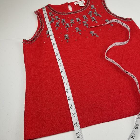 Essentials Red Sleeveless Silk Blend Embellished Rhinestones Beads Top EUC LG - Picture 6 of 9